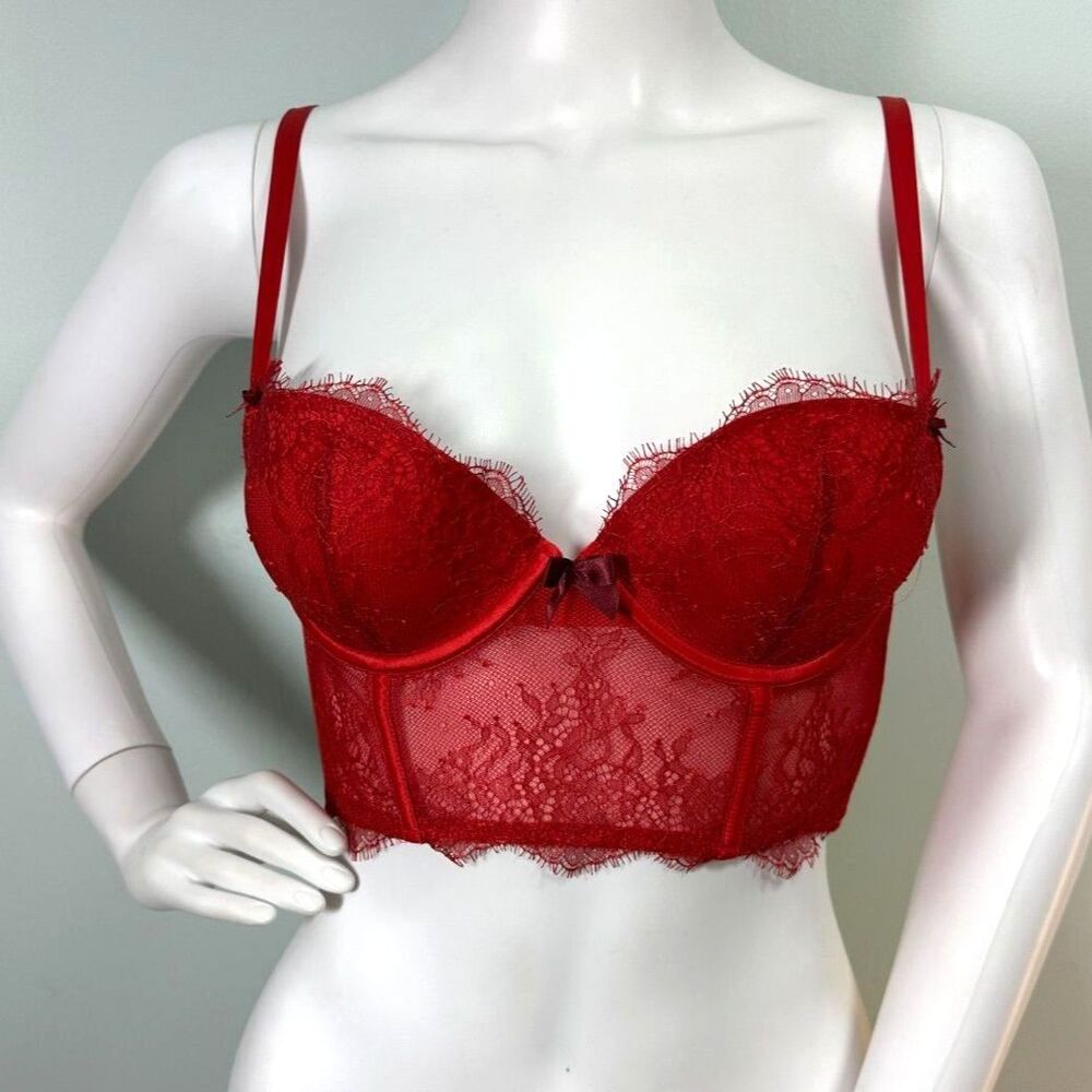 Victoria's Secret Very Sexy Demi Buste Red Bra Padded Lace Lingerie size 34 B